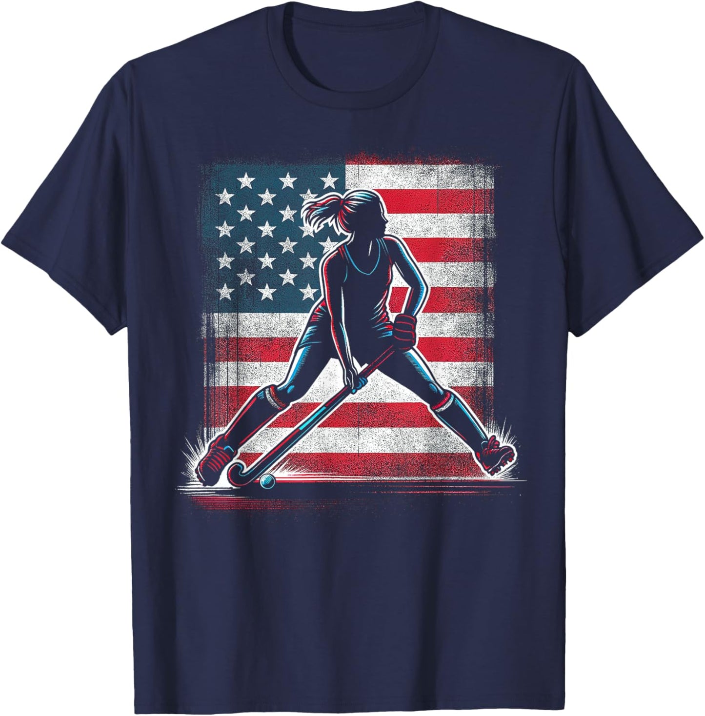 Field Hockey Girl USA United States Of America Flag T-Shirt - T-Shirt | Navy