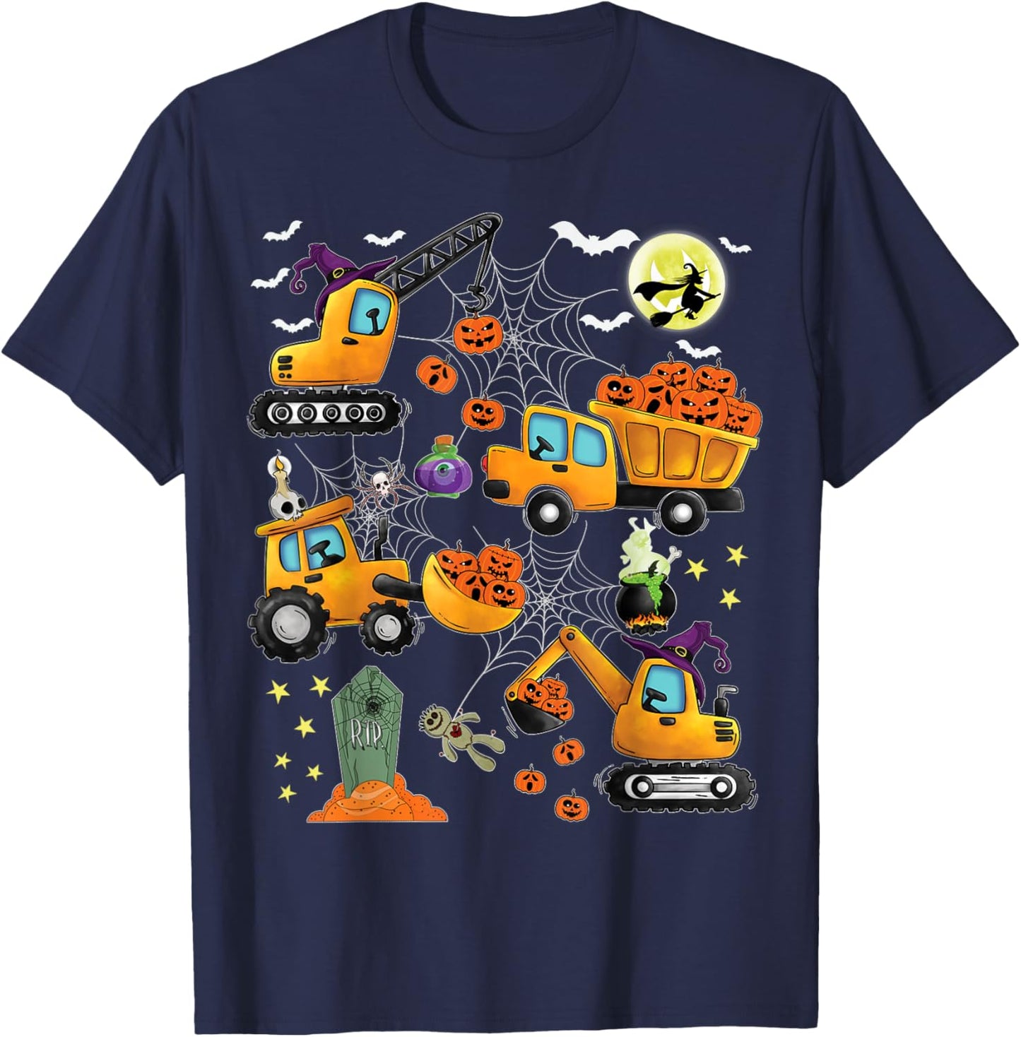 Kids Construction Vehicle Halloween Crane Truck Pumpkin Boys T-Shirt - T-Shirt | Navy