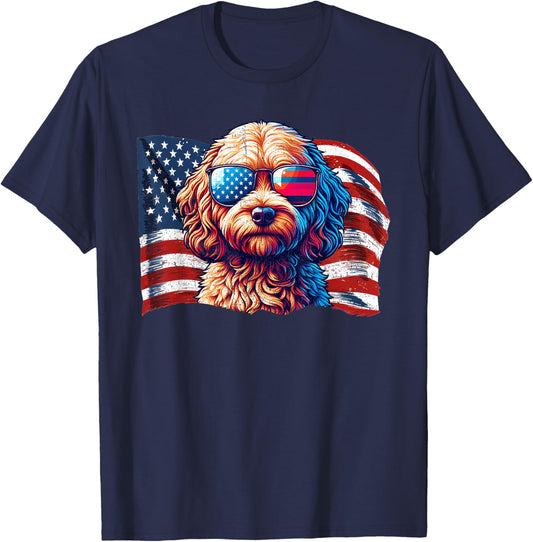 Vintage Cockapoo Dogs American Flag Patriotic Sunglasses T-Shirt - T-Shirt | Navy