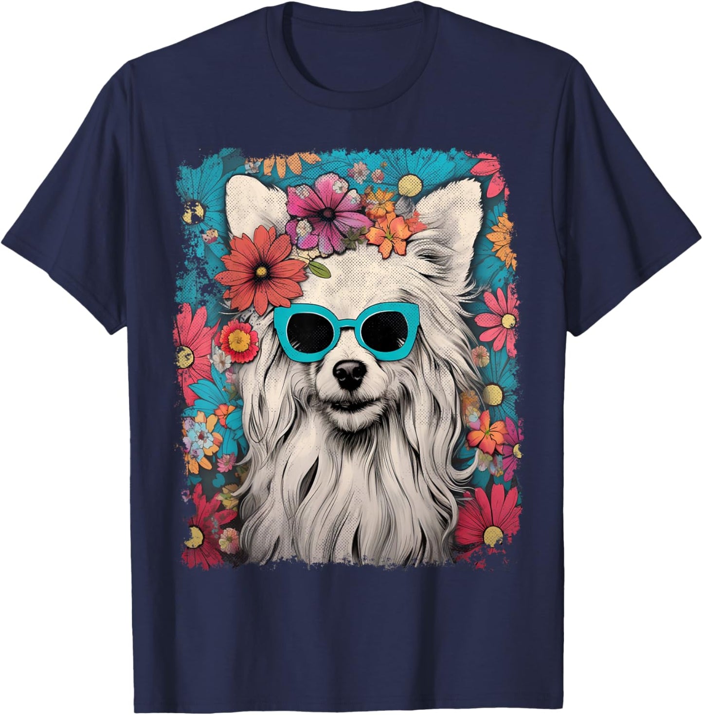 Pet Dog Face Vintage Chinese Crested Dog Floral Graphic T-Shirt - T-Shirt | Navy
