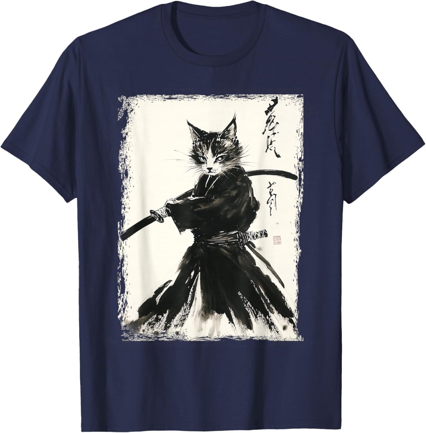 Samurai Cat Ukiyo-e Vintage Art Warrior Graphic T-Shirt - T-Shirt | Navy
