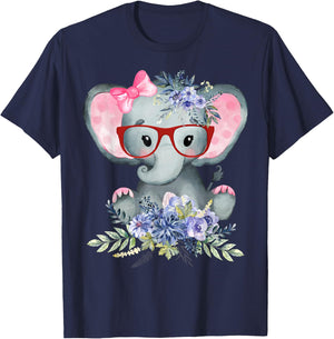 Cute Girl Baby Elephant Wearing Bow Tie & Glasses w/ Flowers T-Shirt - T-Shirt | Navy