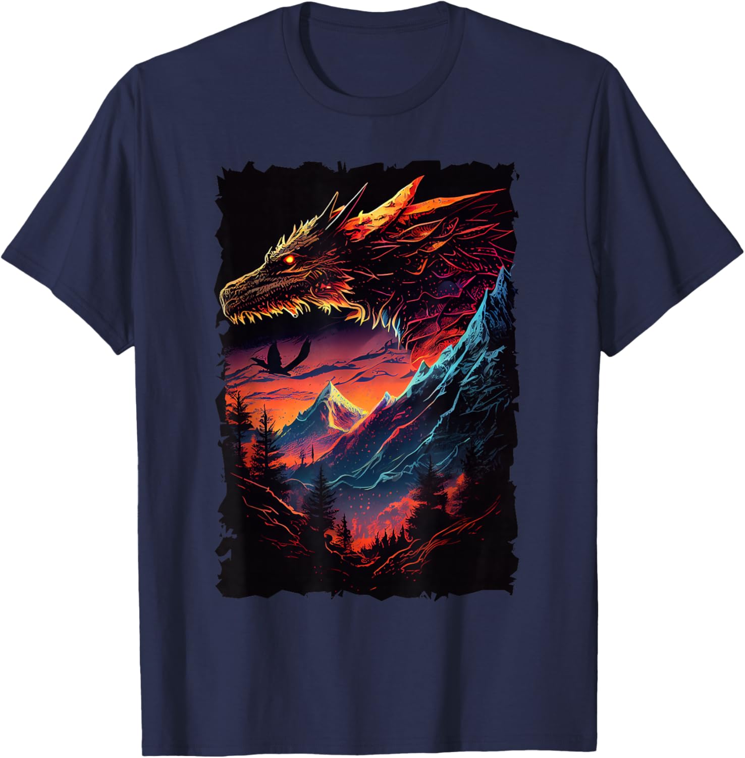 Dragon with Mountain Sunset Retro Fantasy Adventure Design T-Shirt - T-Shirt | Navy