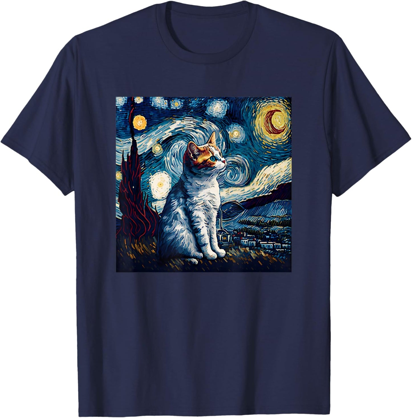 Starry Night Cat Van Gogh Funny Cat Lover Mom Dad T-Shirt - T-Shirt | Navy
