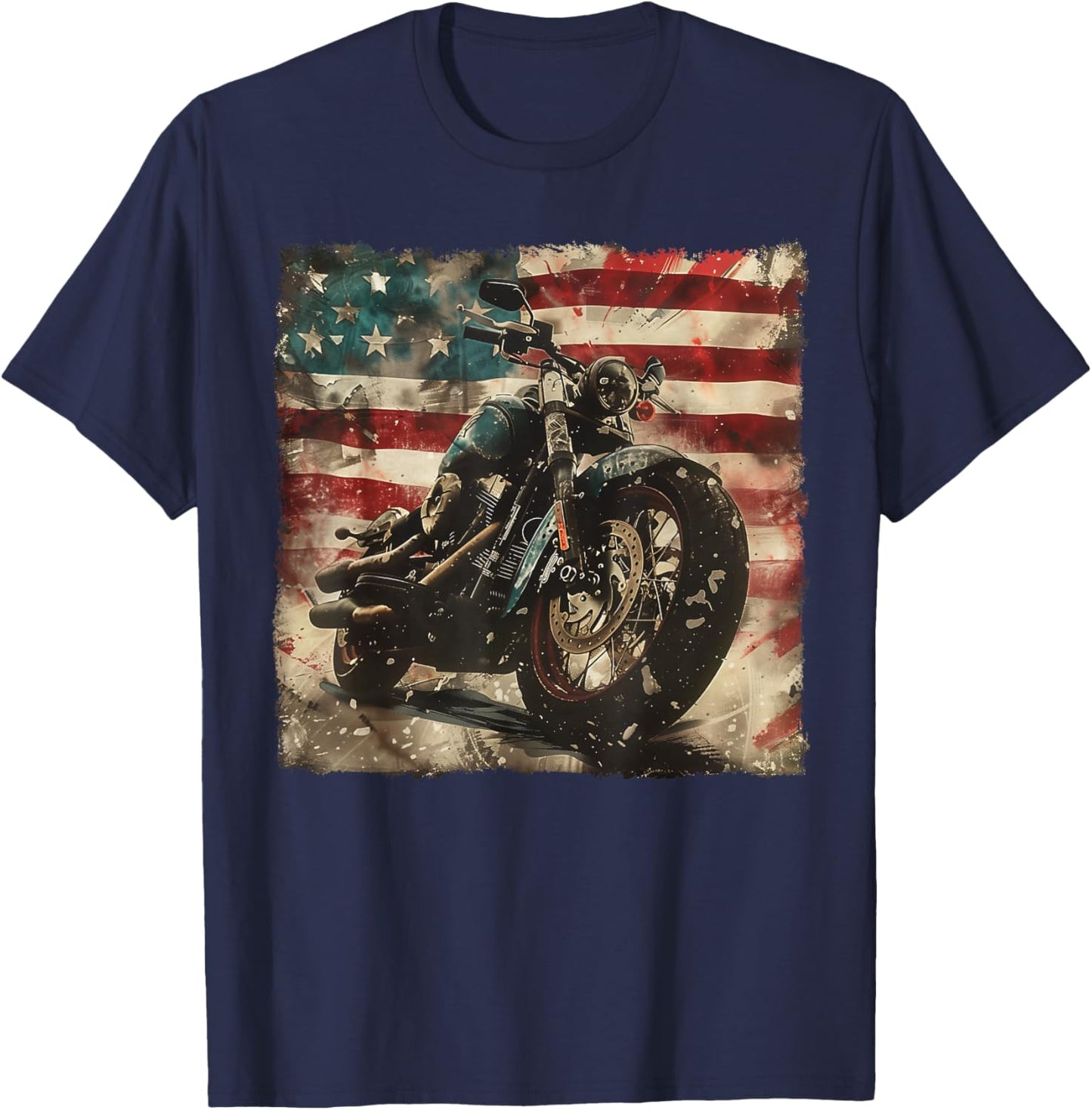 Vintage Motorcycle USA Flag Retro Biker American T-Shirt - T-Shirt | Navy
