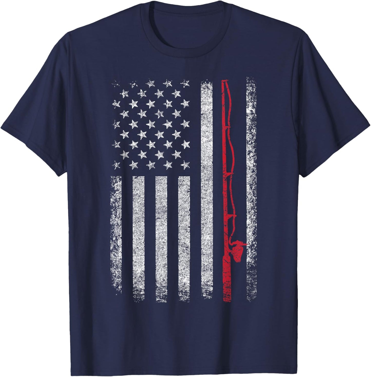American Flag Fishing Rod Fishing Lover Vintage Fisherman T-Shirt - T-Shirt | Navy