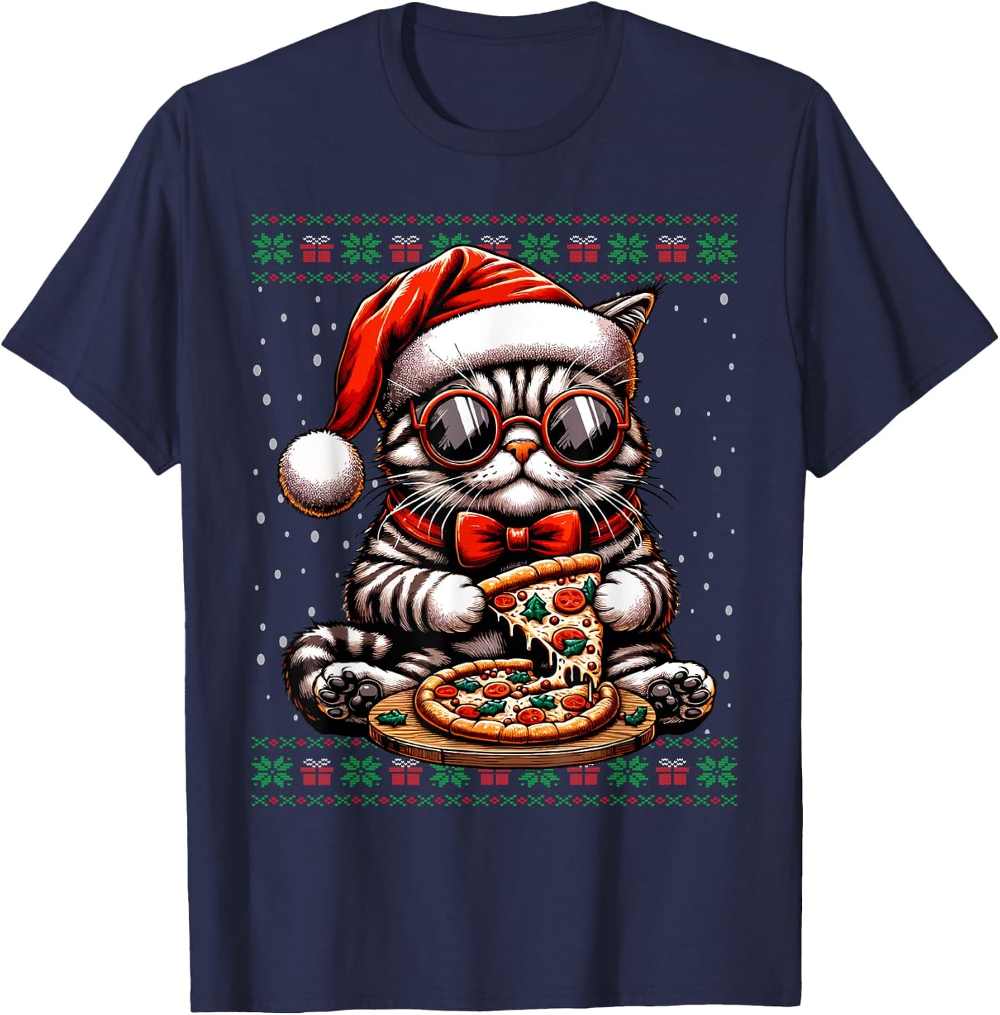 Christmas Cat Santa Eating Pizza Ugly Christmas Sweater Women Kids T-Shirt - T-Shirt | Navy