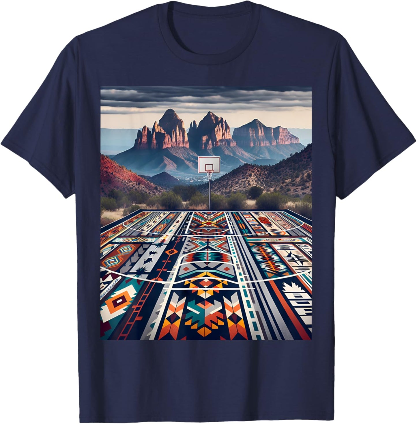 Flagstaff Mountain Basketball: Native American Pattern T-Shirt - T-Shirt | Navy