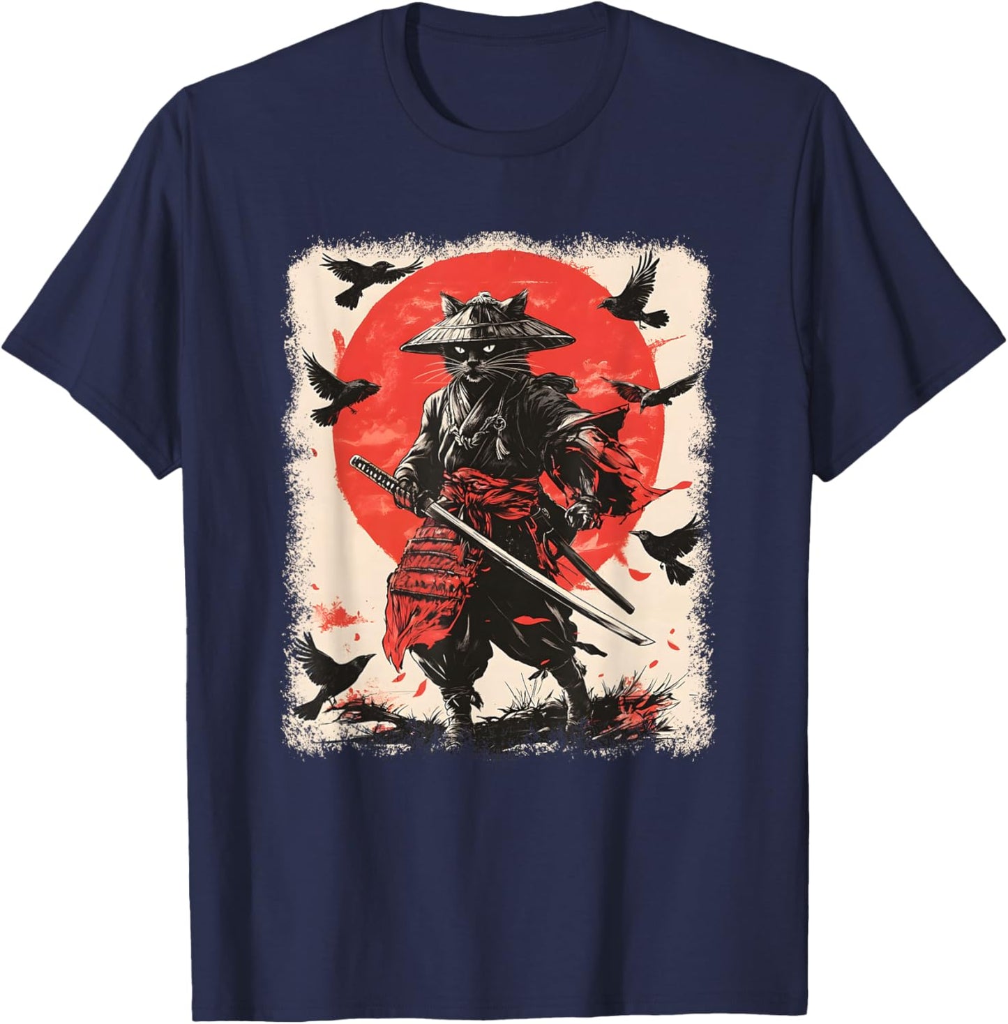 Samurai Cat, Japanese Warrior Art | Anime & Vintage Samurai T-Shirt - T-Shirt | Navy