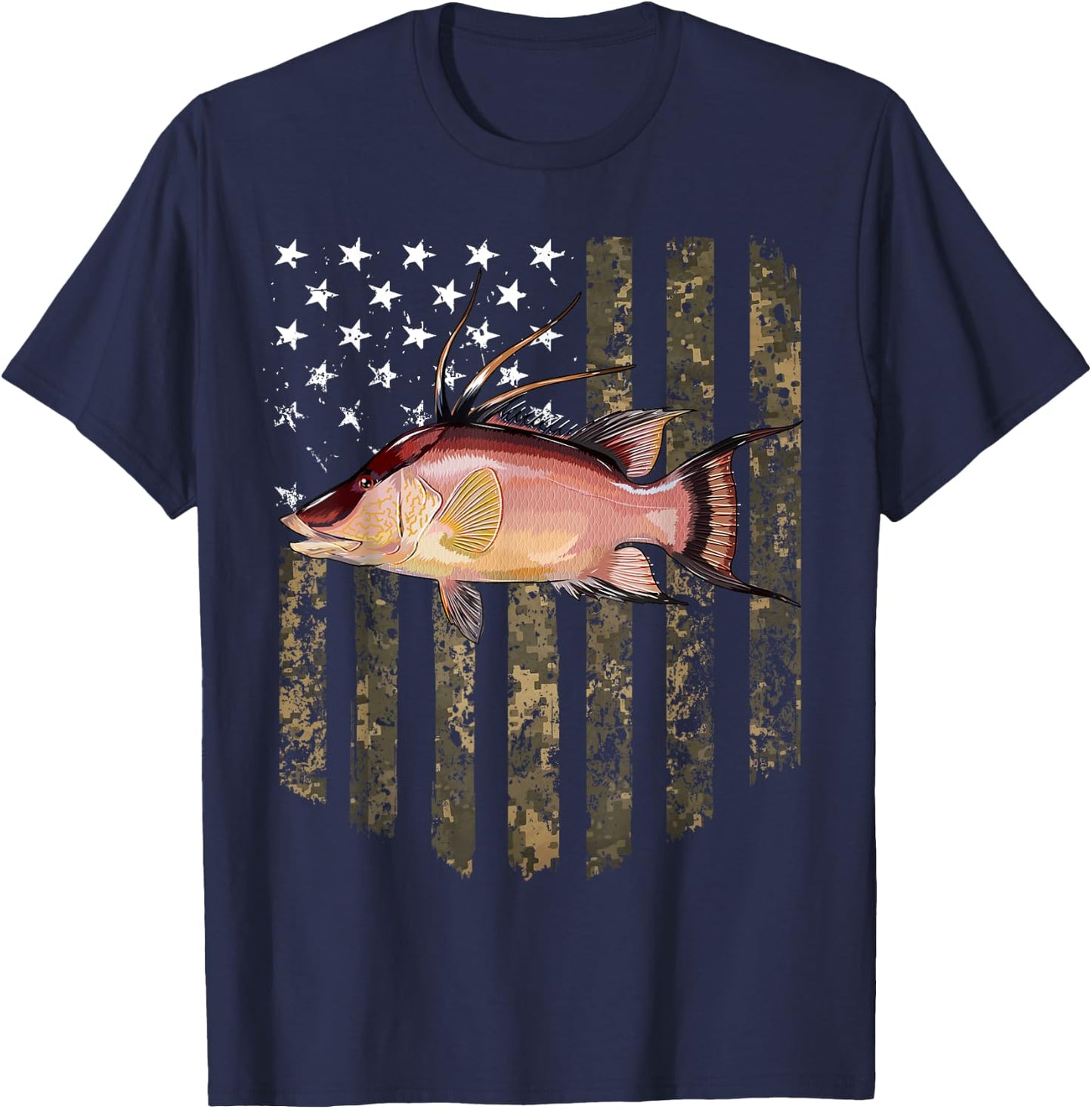 Camo American Flag Hogfish Fishing 4th Of July T-Shirt - T-Shirt | Navy