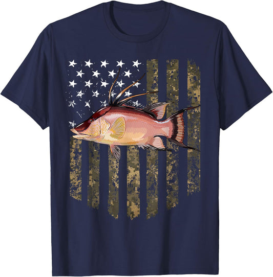 Camo American Flag Hogfish Fishing 4th Of July T-Shirt - T-Shirt | Navy