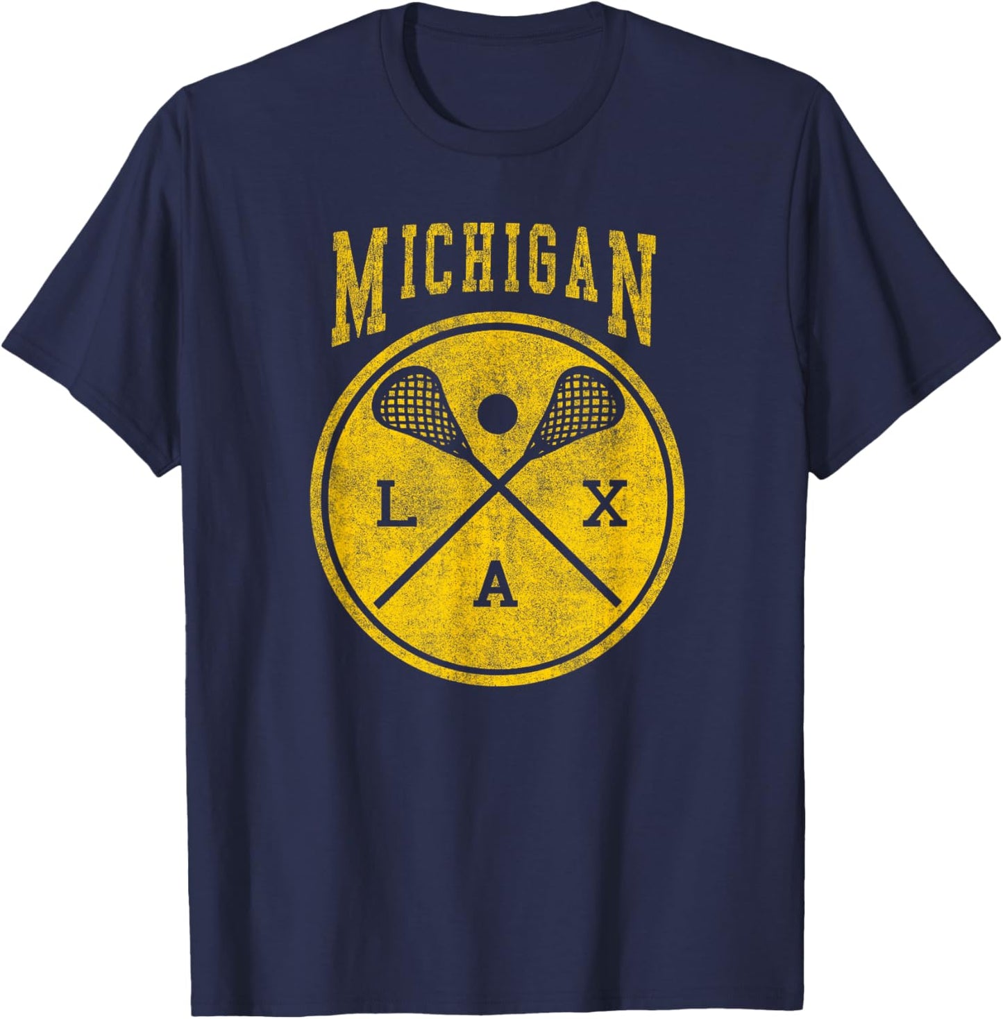 Michigan Lacrosse Vintage LAX Vintage Michigan Lacrosse Distressed LAX T-Shirt - T-Shirt | Navy