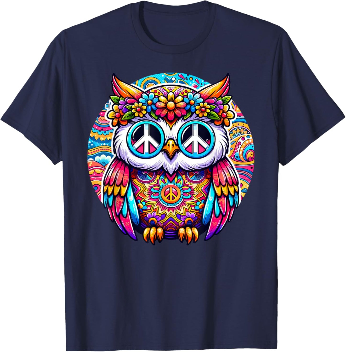 Psychedelic Peace Owl Love Colorful Harmony Unity Positivity T-Shirt - T-Shirt | Navy