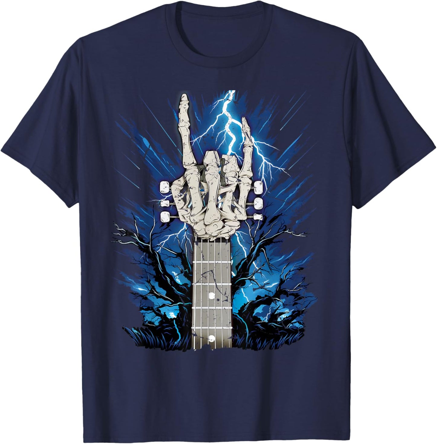 Rock On Skeleton Hand Guitar Neck Rock & Roll Halloween T-Shirt - T-Shirt | Navy