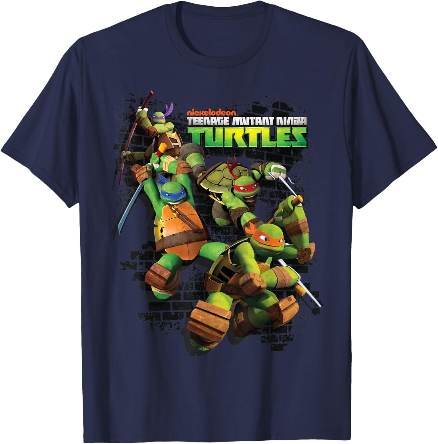 TMNT Turtles Group Shot Brick Wall T-Shirt - T-Shirt | Navy