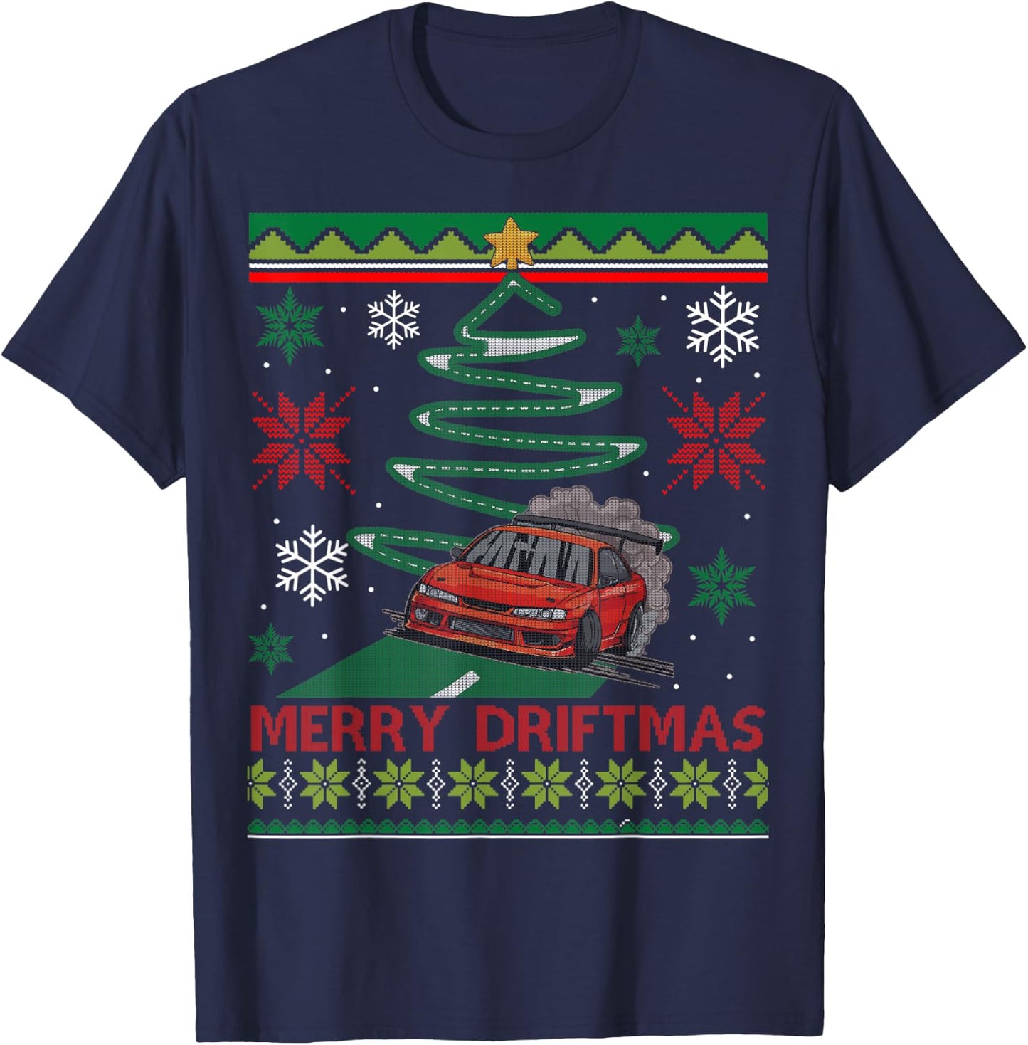 Merry Driftmas Street Racing Christmas Drifting Car Tree T-Shirt - T-Shirt | Navy