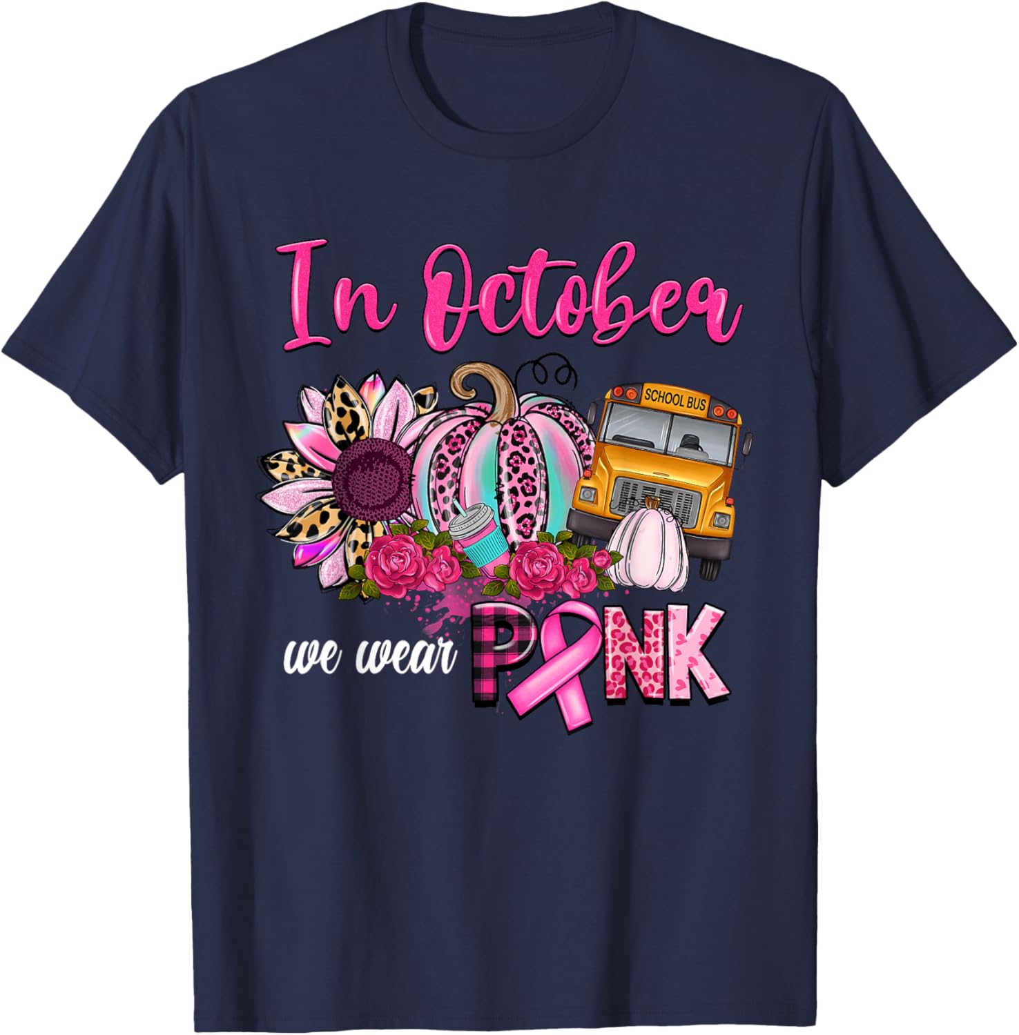 In October We Wear Pink Pumpkin Bus Driver Breast Cancer T-Shirt - T-Shirt | Navy