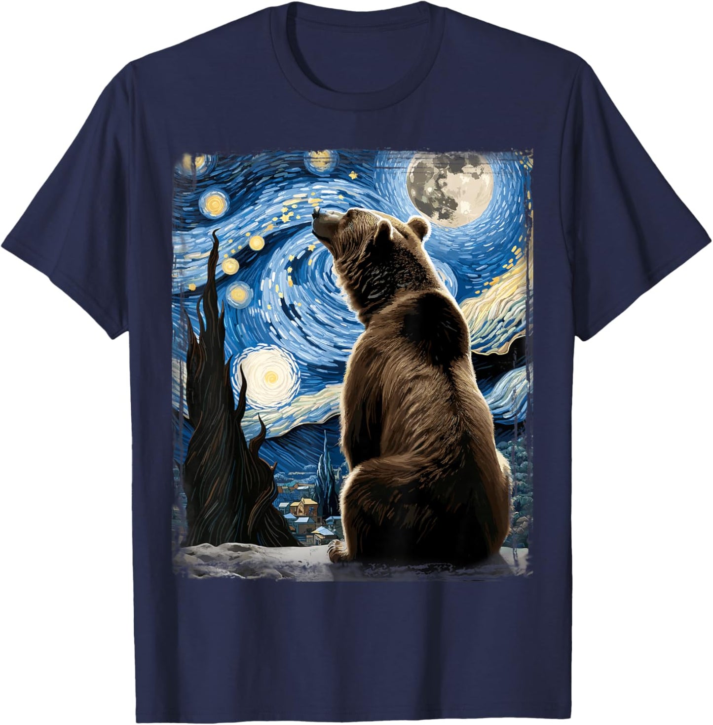 Artistic Bear Shirt Van Gogh Style Starry Night Grizzly Bear T-Shirt - T-Shirt | Navy