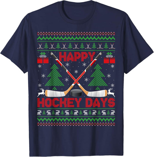 Xmas Sweater Happy Hockeydays Ugly Ice Hockey Christmas T-Shirt - T-Shirt | Navy