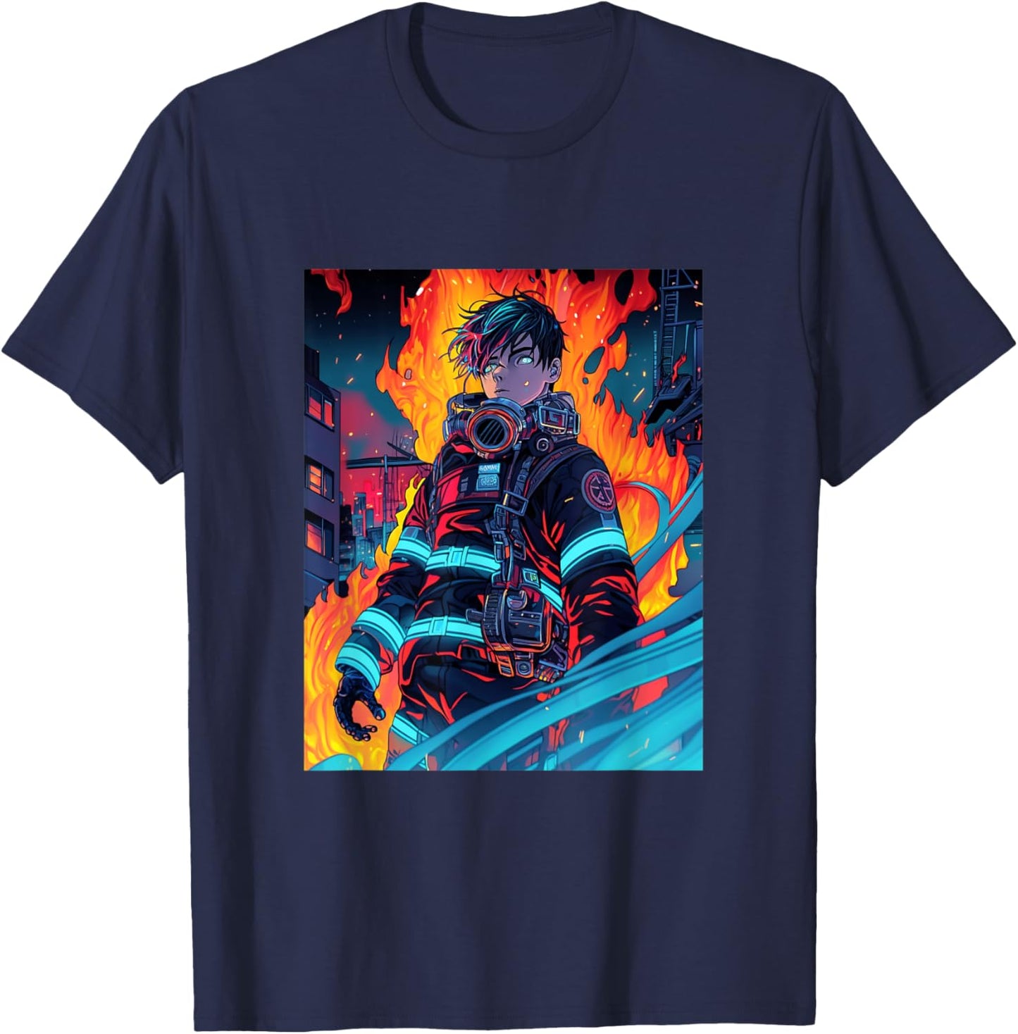 Anime Firefighter Fireman Cyberpunk Japanese Otaku T-Shirt - T-Shirt | Navy