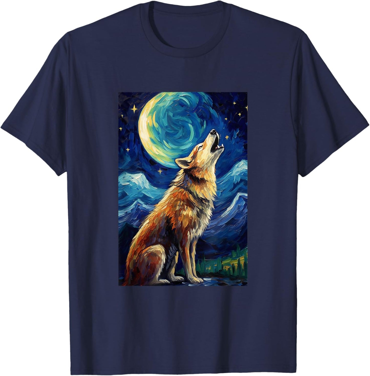 Wolf howls at moon - Van Gogh Style - Starry Night T-Shirt - T-Shirt | Navy