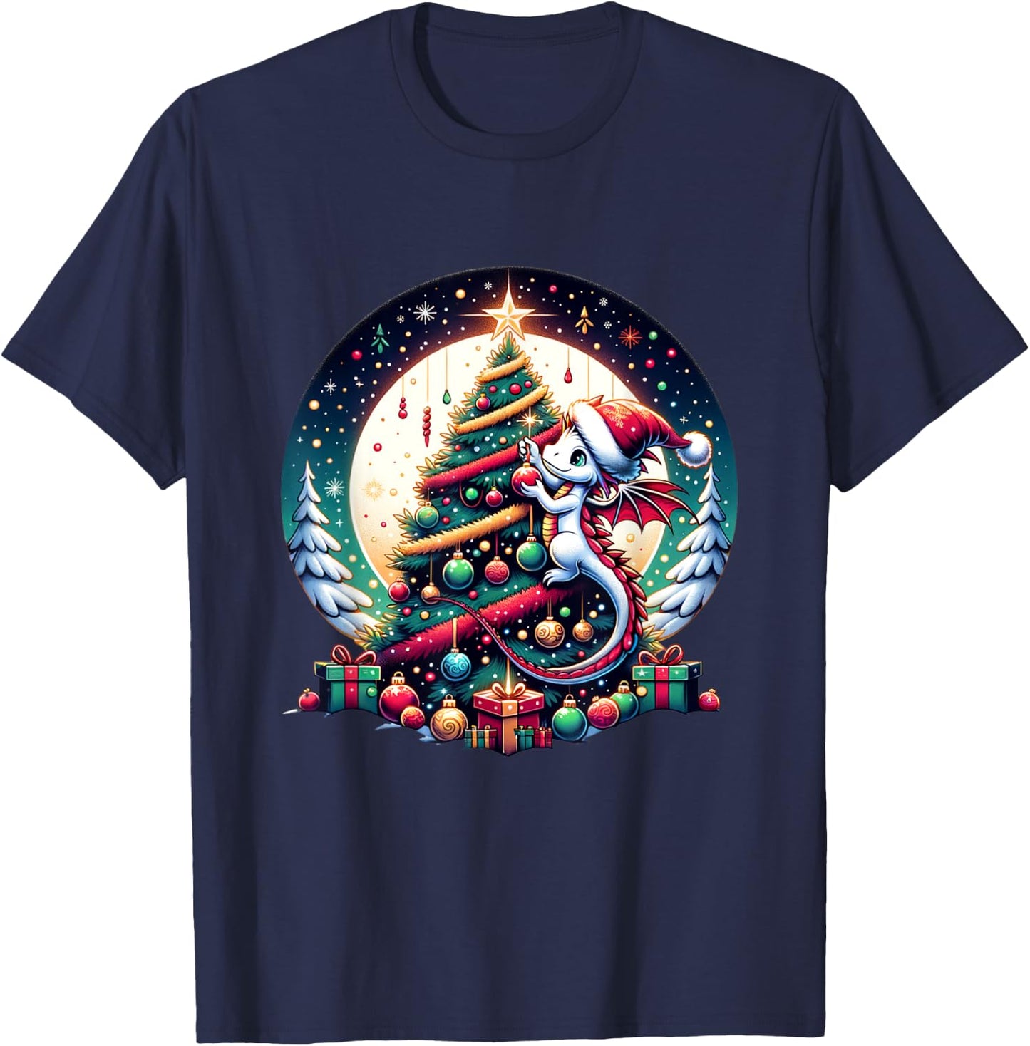 Christmas Dragon Decorates Christmas Tree - Merry Christmas T-Shirt - T-Shirt | Navy