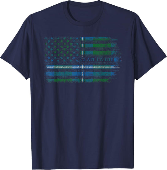 Clan Irvine Scottish tartan US flag kilt Scotland T-Shirt - T-Shirt | Navy