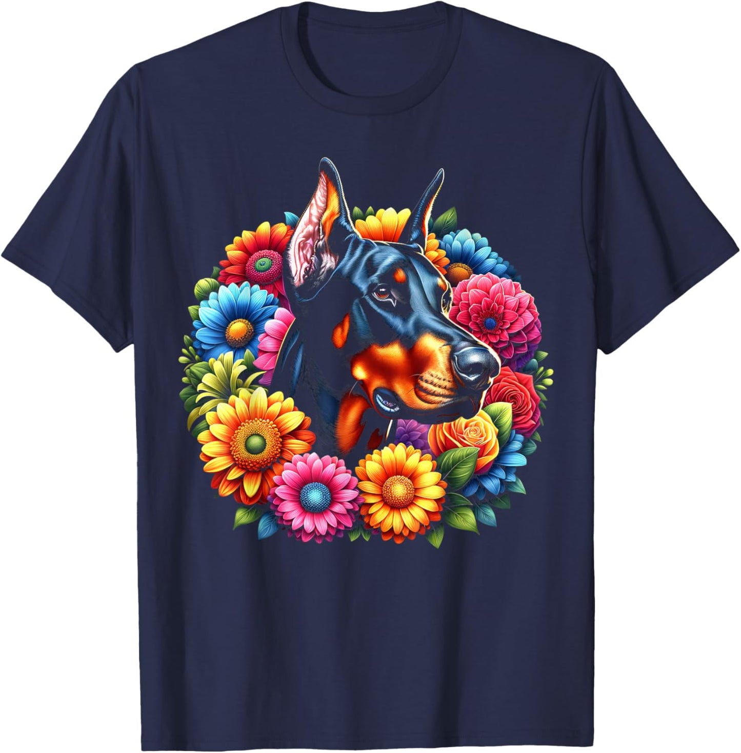 Cute Doberman Portrait in Colourful Flowers T-Shirt - T-Shirt | Navy