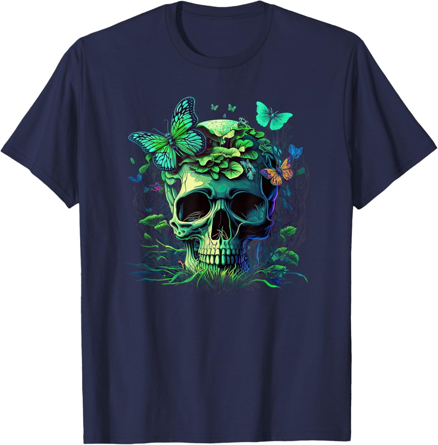Skull with Vibrant Butterfly flower and mushroom T-Shirt - T-Shirt | Navy