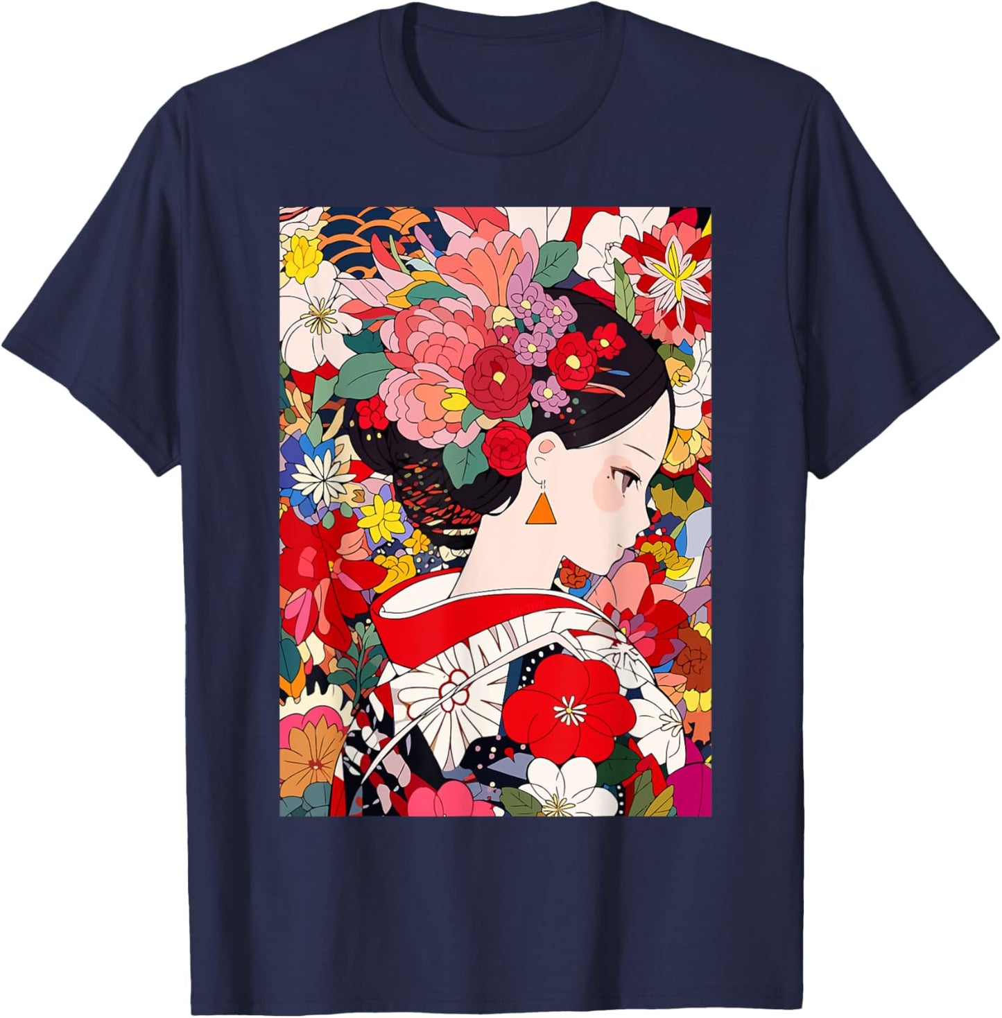 Japanese Flower Kimono Girl Cute Kawaii Anime Art T-Shirt - T-Shirt | Navy