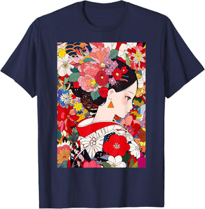 Japanese Flower Kimono Girl Cute Kawaii Anime Art T-Shirt - T-Shirt | Navy