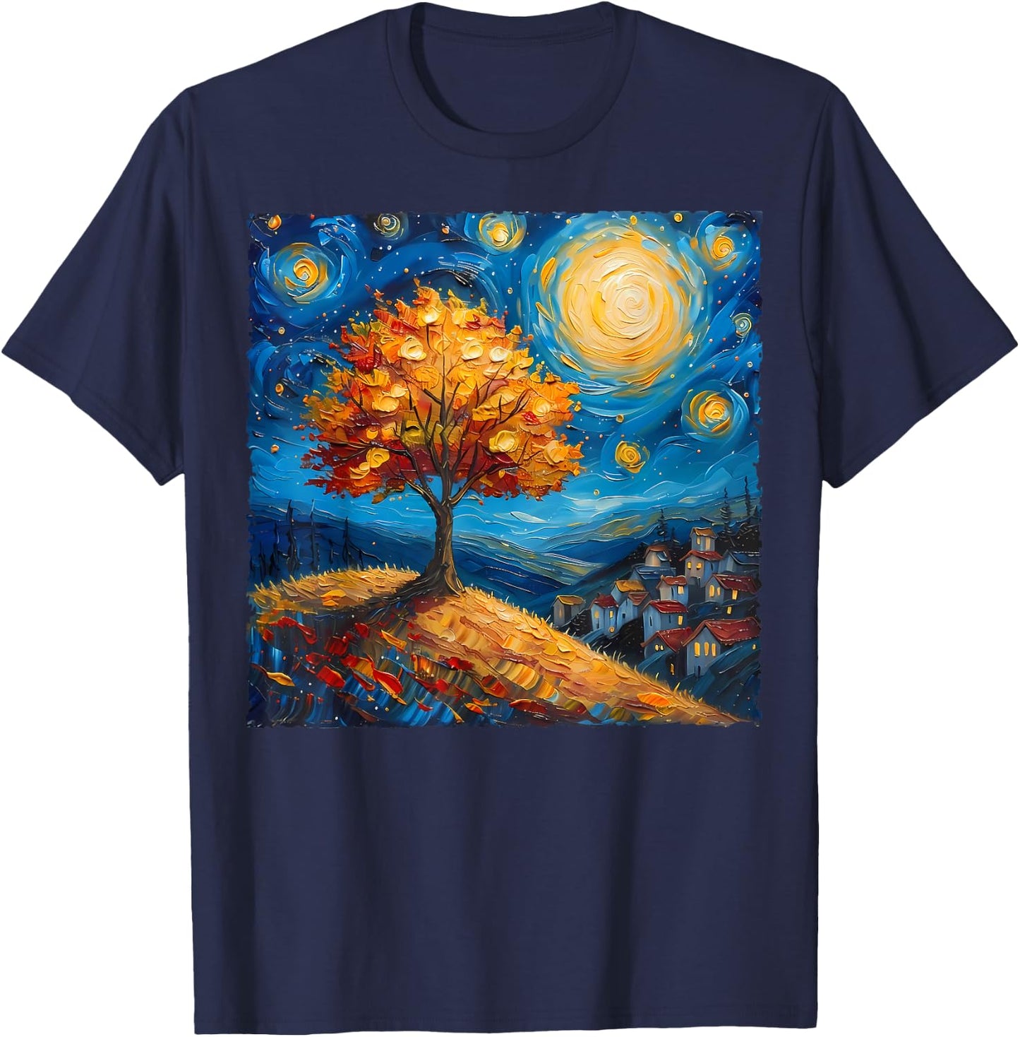 Maple Tree Van Gogh Starry Night Art Autumn Nature Lovers T-Shirt - T-Shirt | Navy