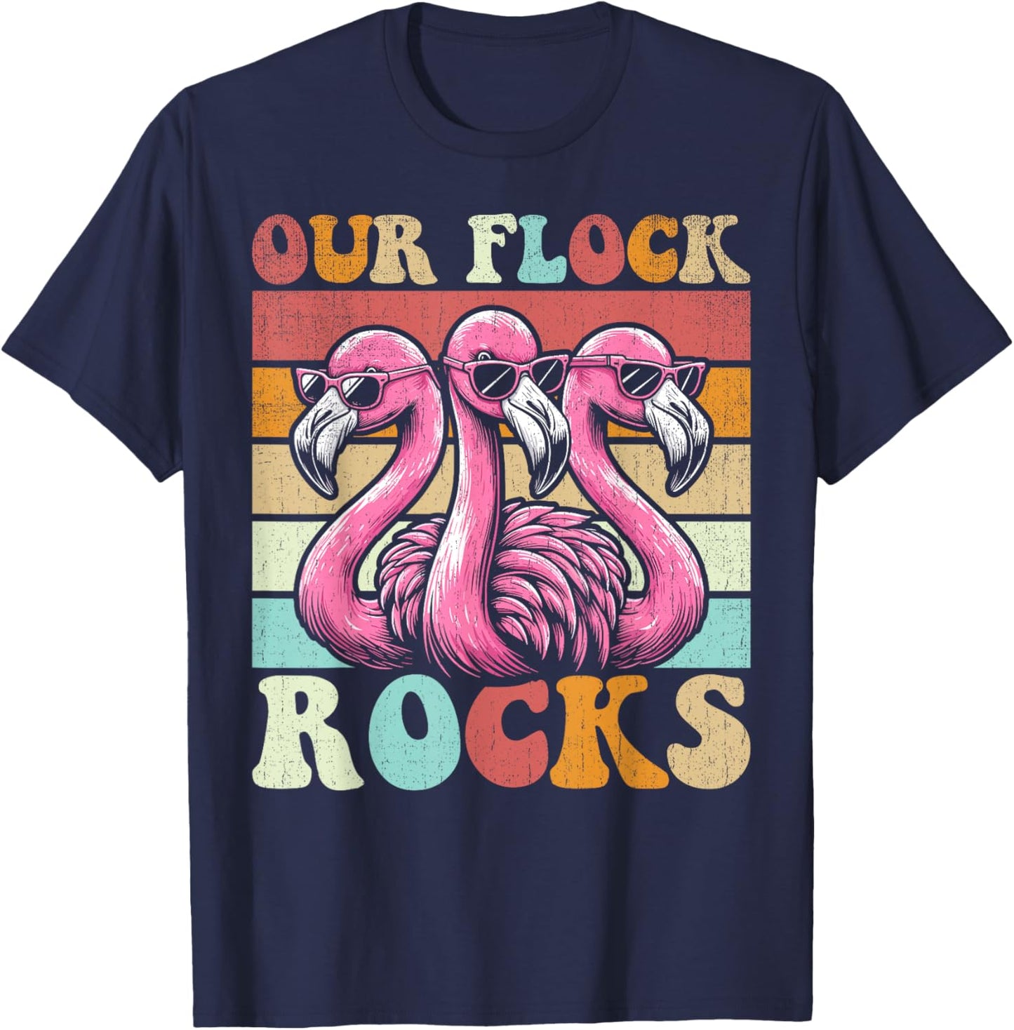 Our Flock Rocks Flamingo Matching Family Vacation T-Shirt - T-Shirt | Navy
