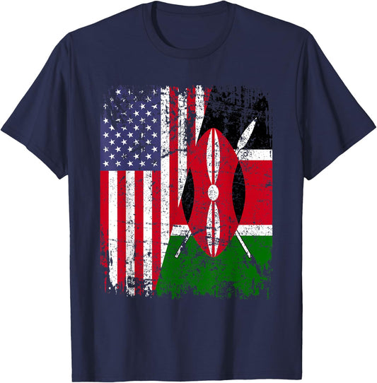 KENYAN ROOTS | Half American Flag | KENYA T-Shirt - T-Shirt | Navy