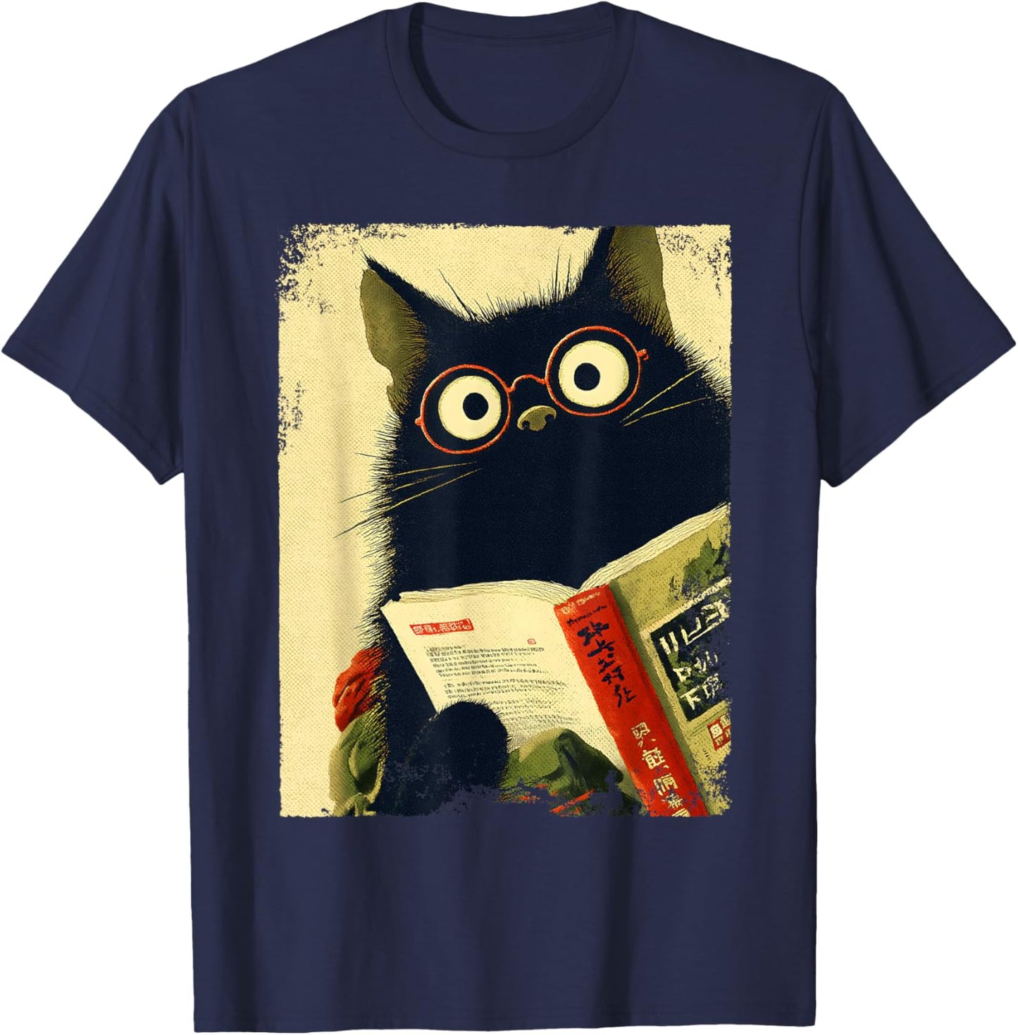 Vintage Japanisches Katzenbuch Liebhaber Bibliothekar Katze Papa Lehrer T-Shirt - T-Shirt | Navy