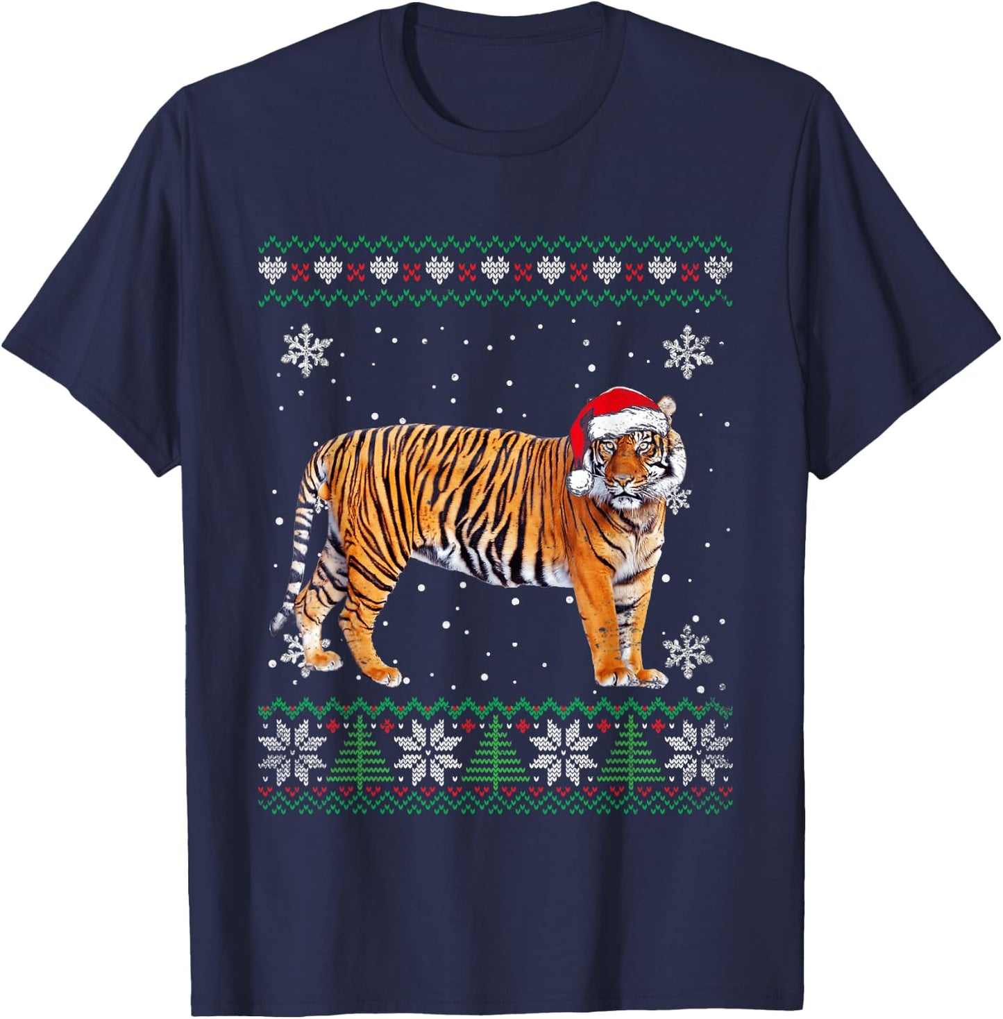 Santa Tiger Ugly Sweater Animals Christmas Pajama T-Shirt - T-Shirt | Navy