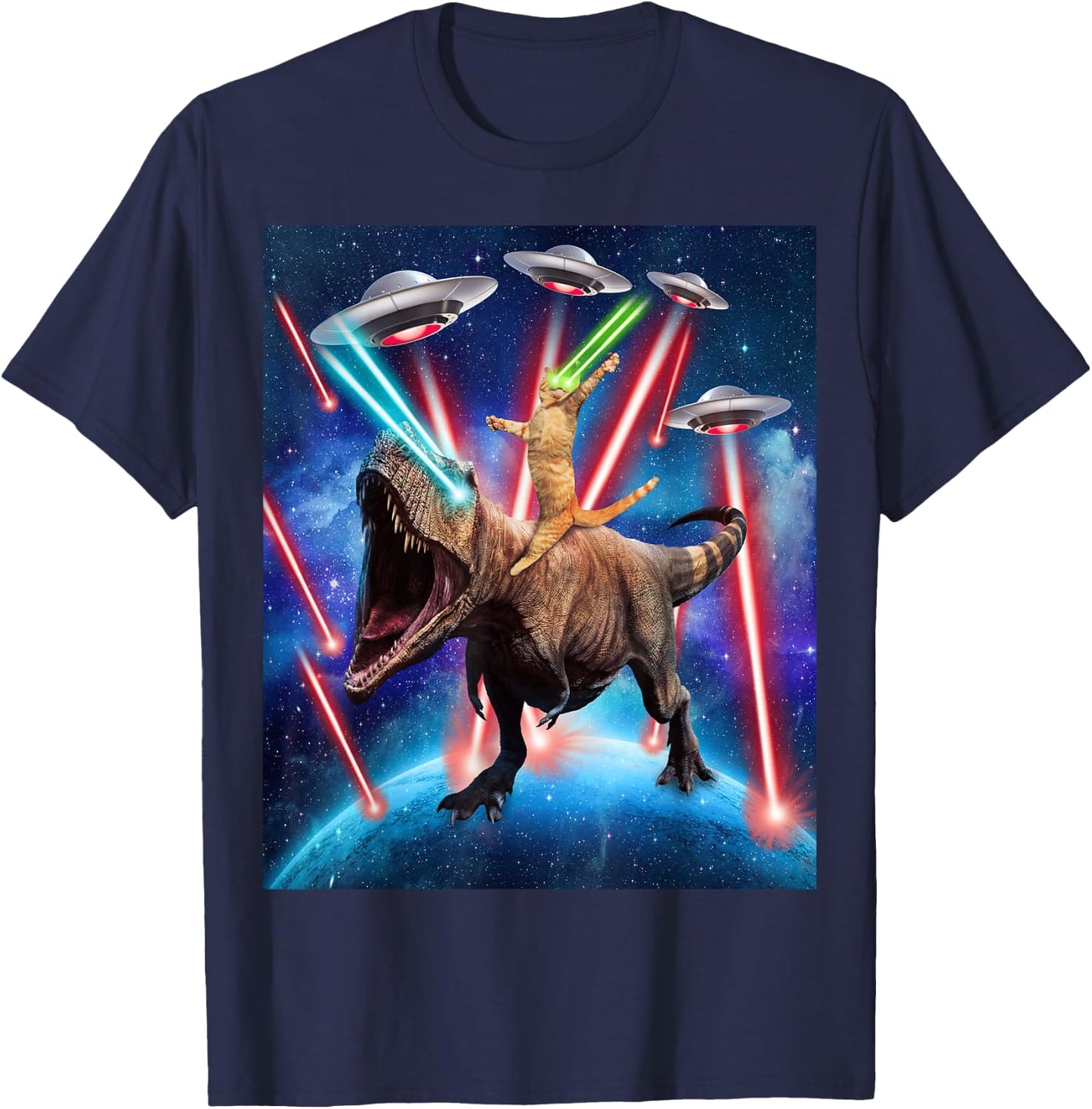 Space Cat Riding Dinosaur T rex Laser Eyes UFO Funny Cat T-Shirt - T-Shirt | Navy