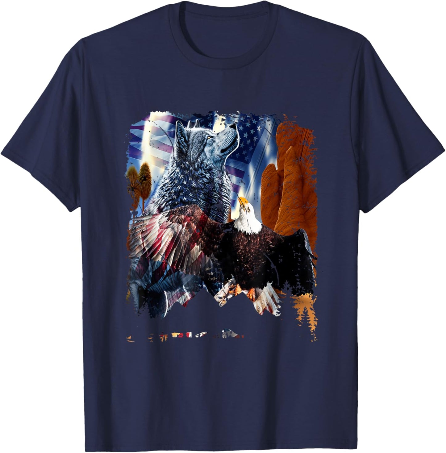 Wolf With Bald Eagles American Flag Patriotic Independence Women Men T-Shirt - T-Shirt | Navy