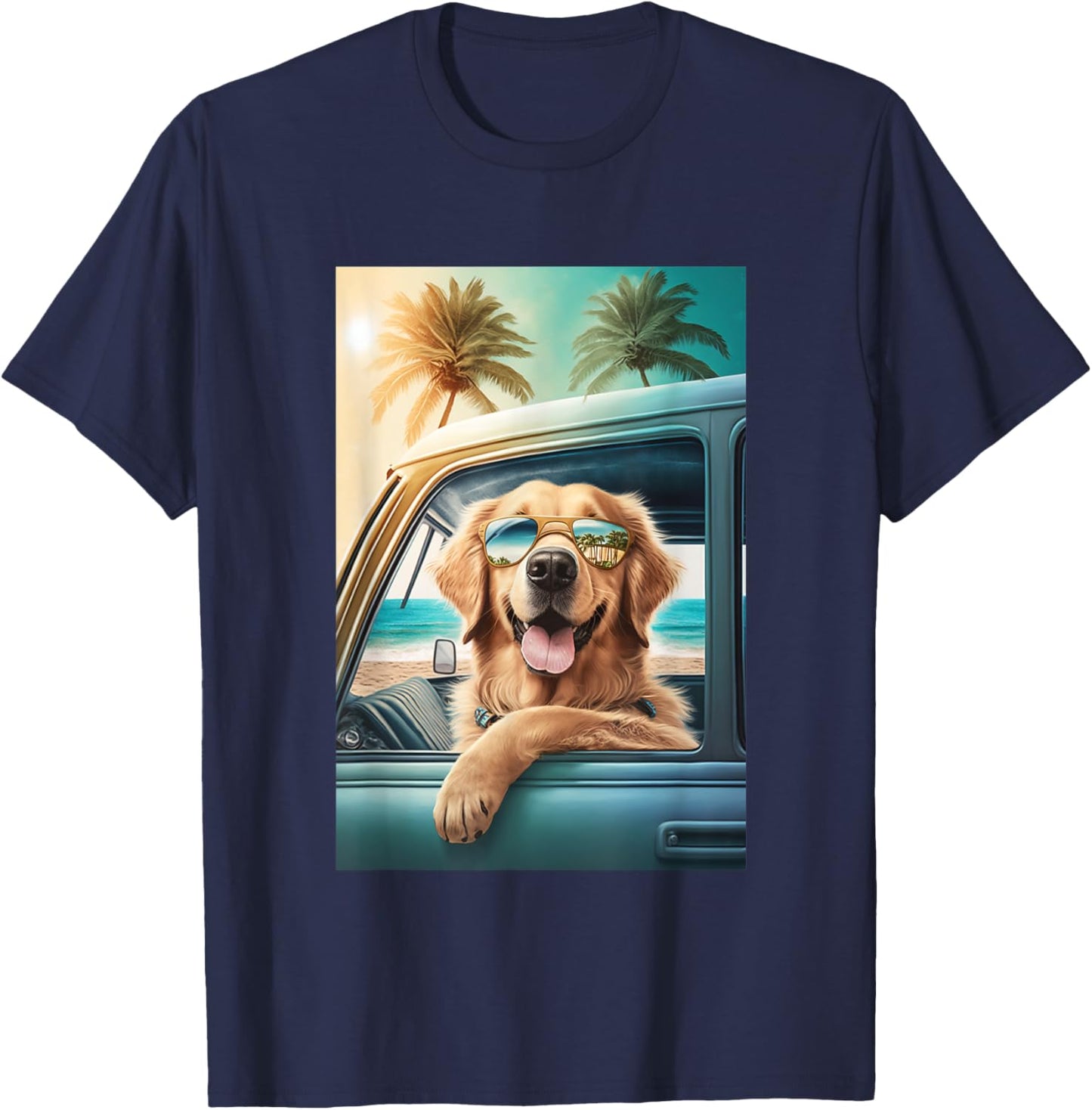 Golden Retriever Sunglasses Beach Palm Trees Car Summer Men Women Kids T-Shirt - T-Shirt | Navy