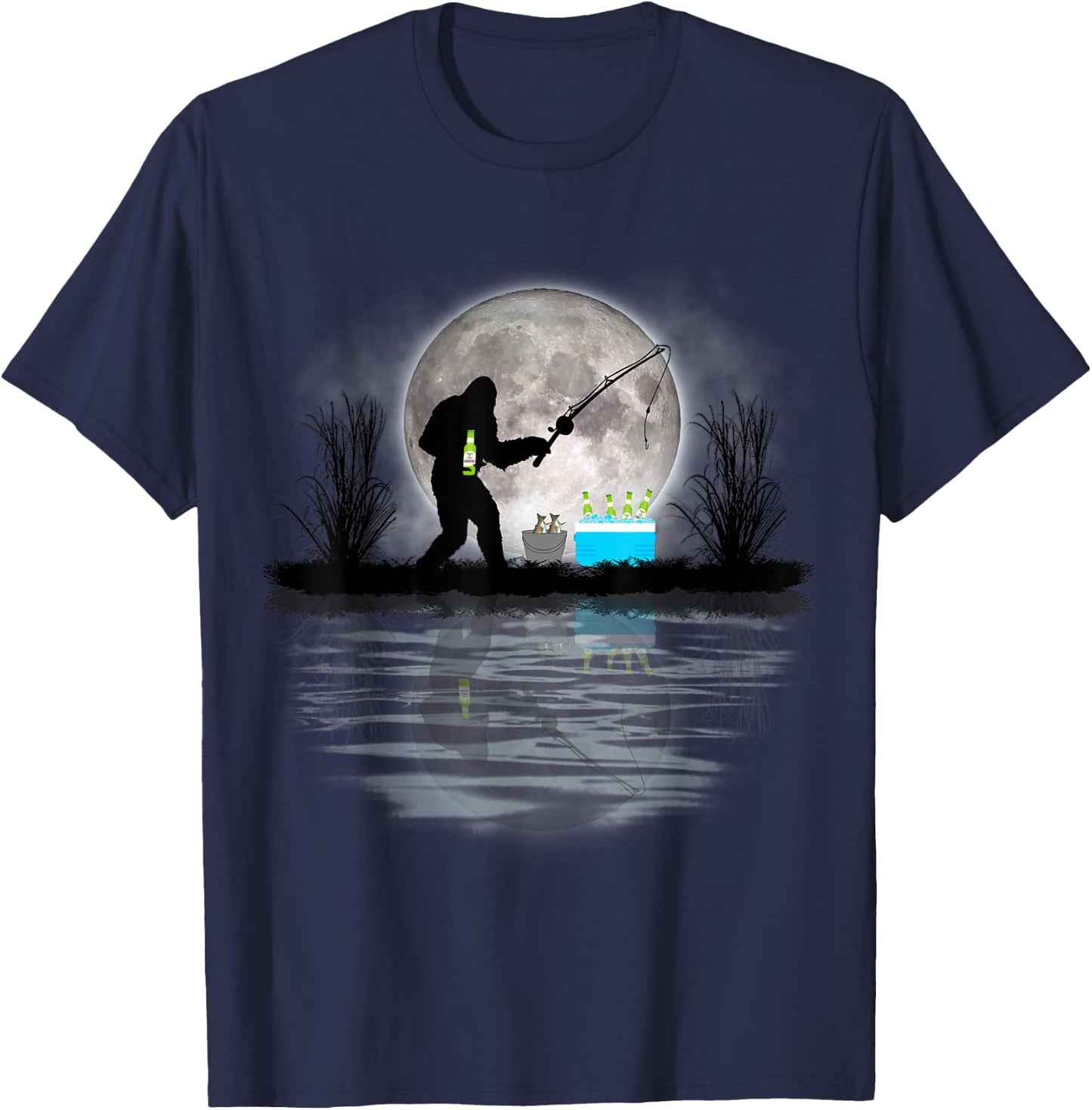 Bigfoot Fishing Funny Sasquatch Fishing & Beer Gift T-Shirt - T-Shirt | Navy