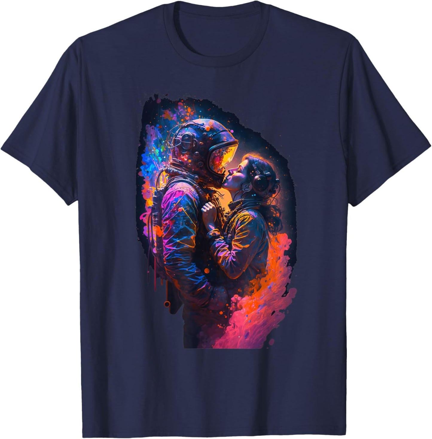 Astronaut Love Couple Kiss Outer Space | Colorful Astronaut T-Shirt - T-Shirt | Navy