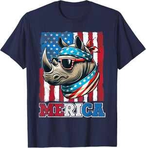 Rhino Wearing US Flag Costume Independence July 4th MERICA Women Men T-Shirt - T-Shirt | Navy