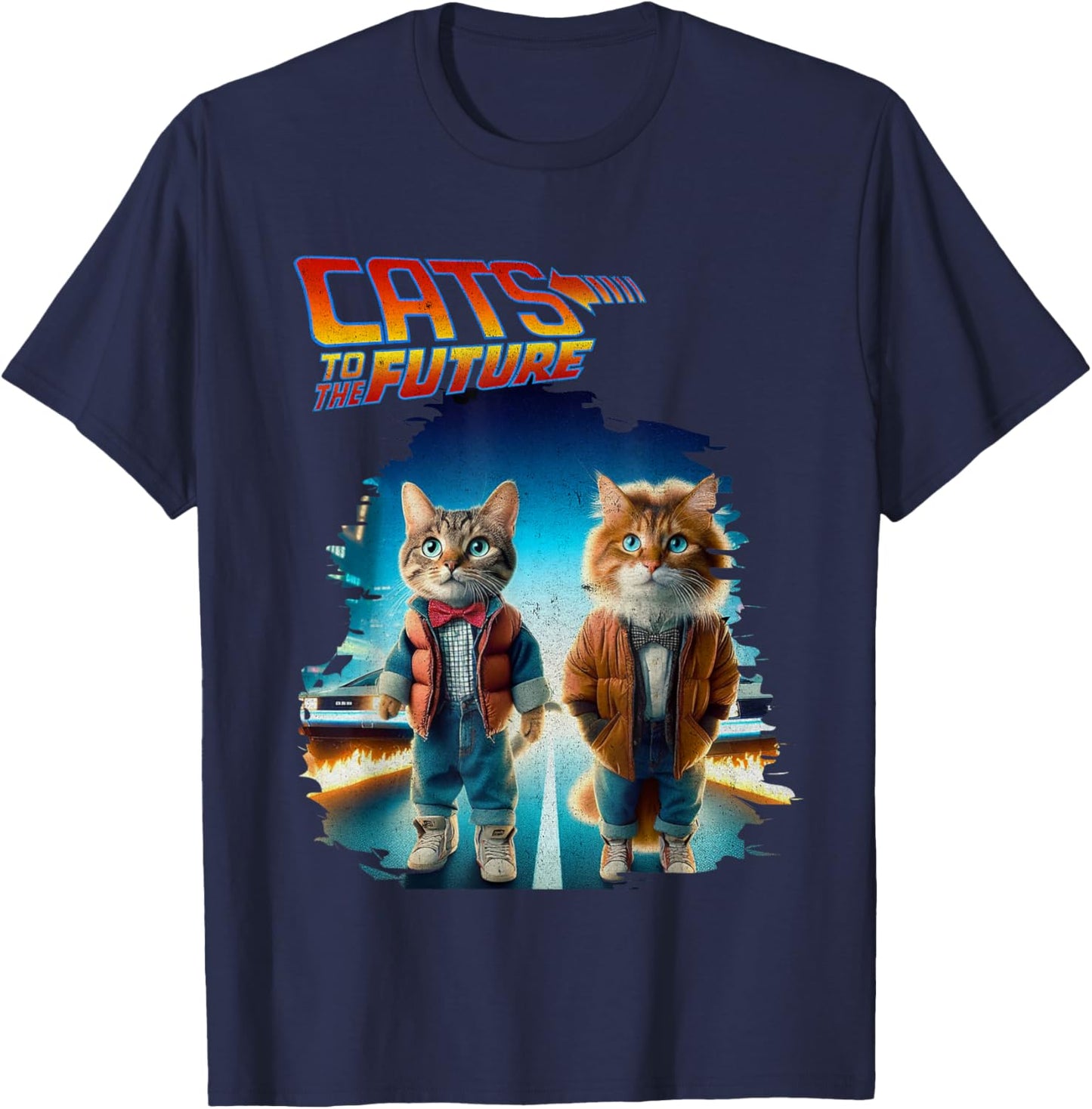 Pop Culture Cats To The Future Parody Funny 80s 90s Cats T-Shirt - T-Shirt | Navy