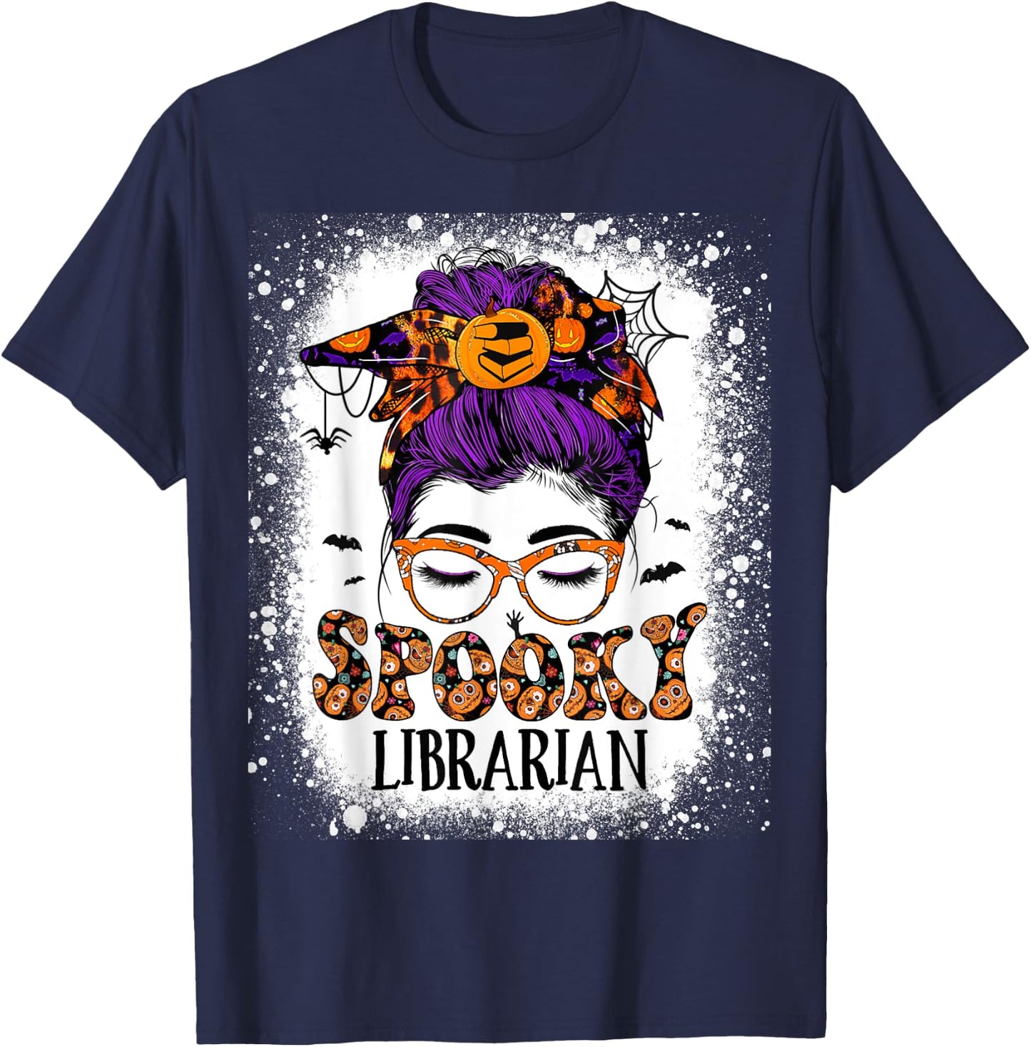 Spooky Librarian Teacher Halloween Messy Bun Book Library T-Shirt - T-Shirt | Navy