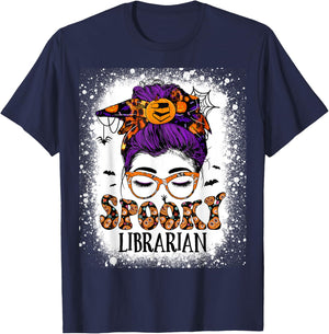 Spooky Librarian Teacher Halloween Messy Bun Book Library T-Shirt - T-Shirt | Navy