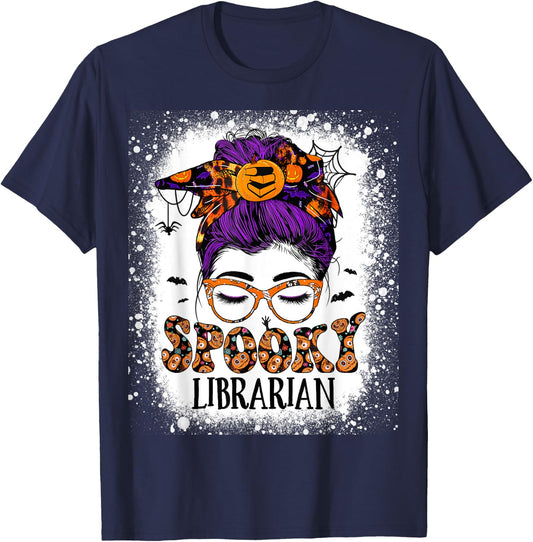 Spooky Librarian Teacher Halloween Messy Bun Book Library T-Shirt - T-Shirt | Navy