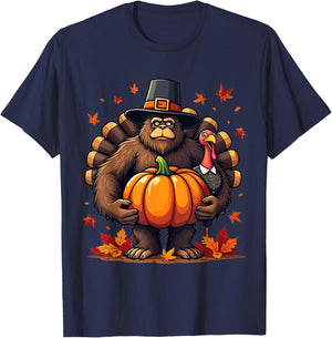 Bigfoot Pilgrim Thanksgiving with Pumpkin and Turkey T-Shirt - T-Shirt | Navy