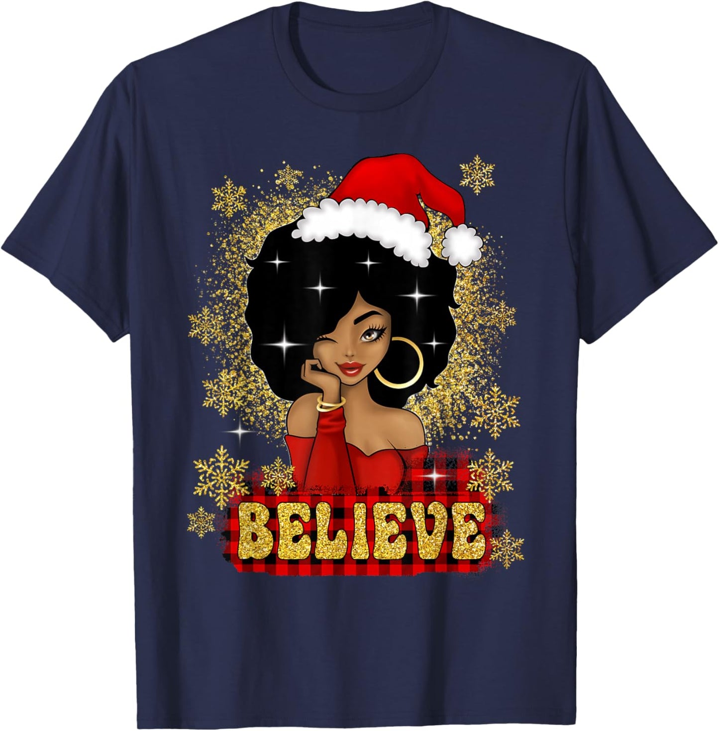 Christmas Believe Santa African American Black Woman T-Shirt - T-Shirt | Navy