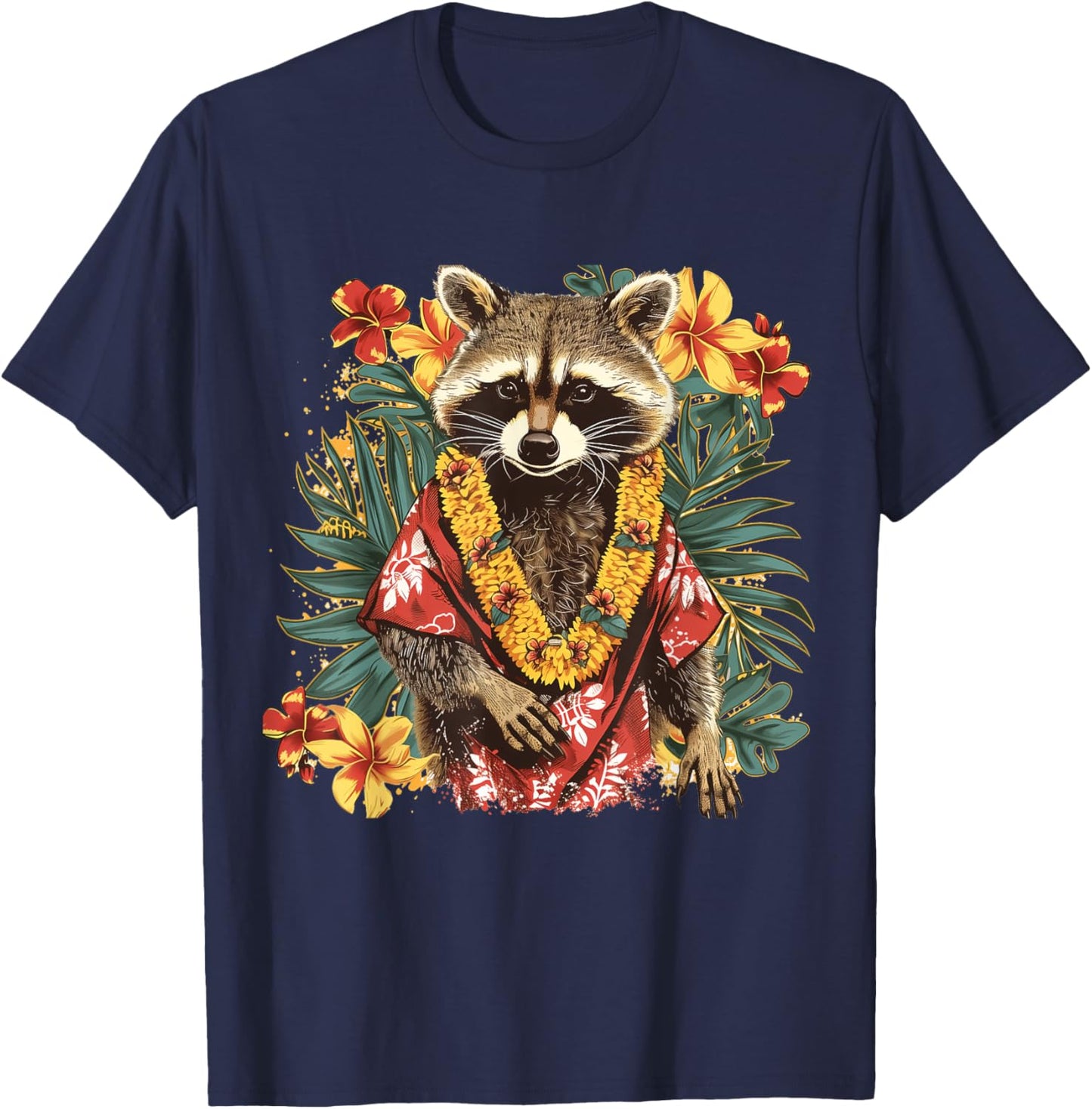 Hawaiian Hibiscus Flowers Hawaiian Raccoon T-Shirt - T-Shirt | Navy