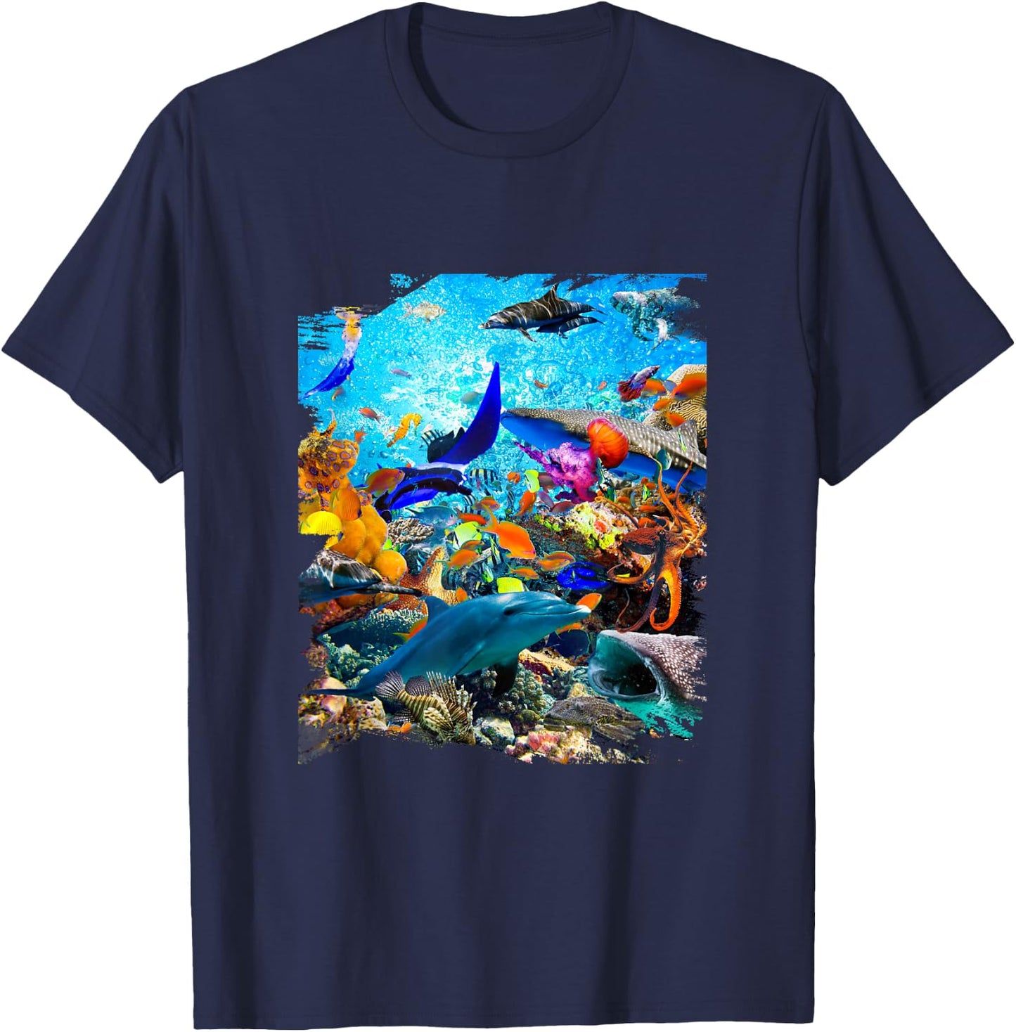 Ocean Dolphin Shark Turtle Coral Sea Fish Orca Whale Reef T-Shirt - T-Shirt | Navy